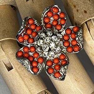 Y2K Orange bead and rhinestone on silver tone large statement ring